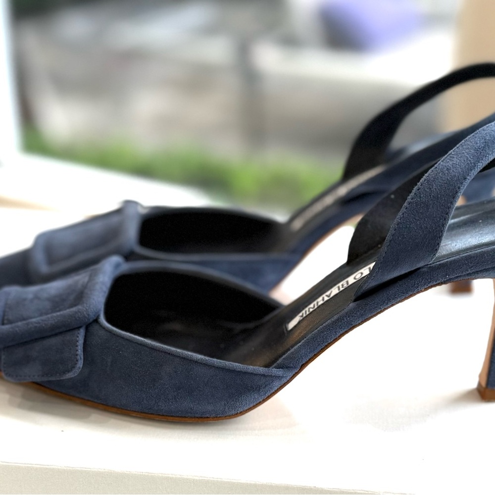 Manolo Blahnik Dark Blue Suede Slingback Heels - Picture 5 of 11